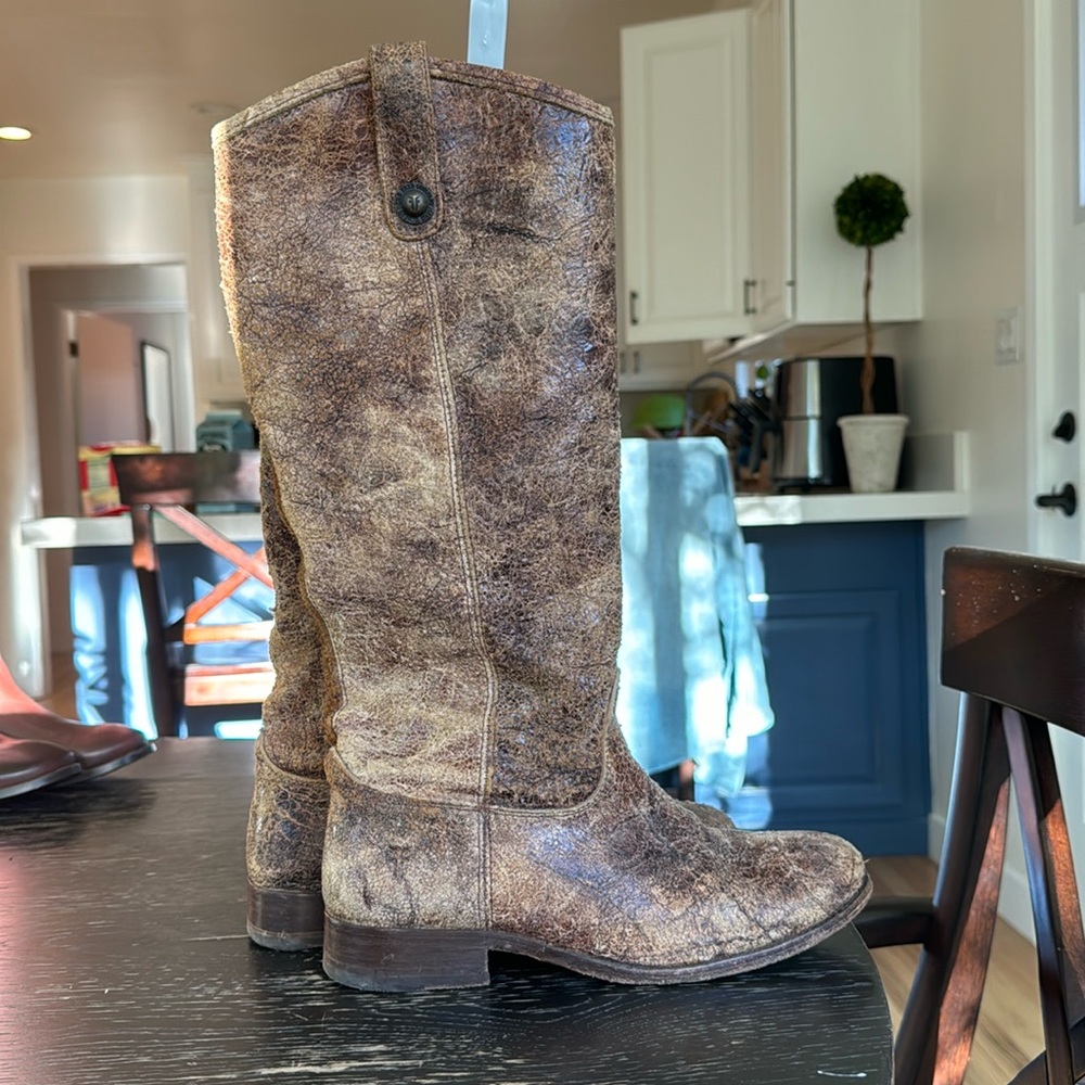 Frye Melissa Button Women Size 7.5B Brown Glazed Distressed Leather Riding Boot